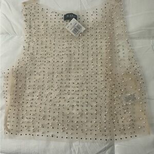 Beige Rhinestone and Pearl Embellished Blouse